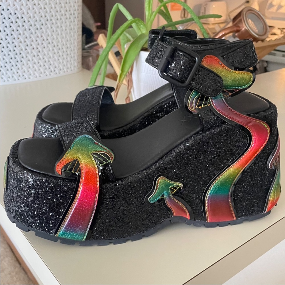 Dolls Kill Black Glitter Platform Sandals with Rainbow Mushroom Accents